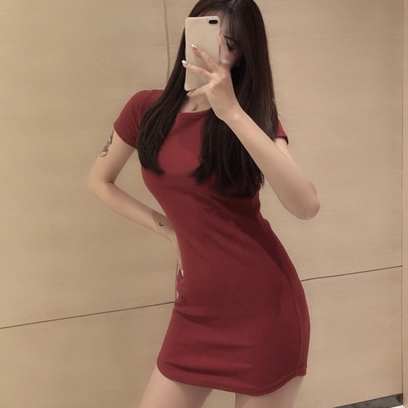 Đầm Thun Tay Ngắn Cổ Tròn Màu Trơn Phong Cách Hàn Quốc