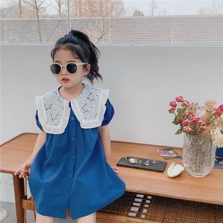 Váy thiết kế samkid , váy đầm bé gái baby doll xanh dương cổ bèo cho bé 9-25kg