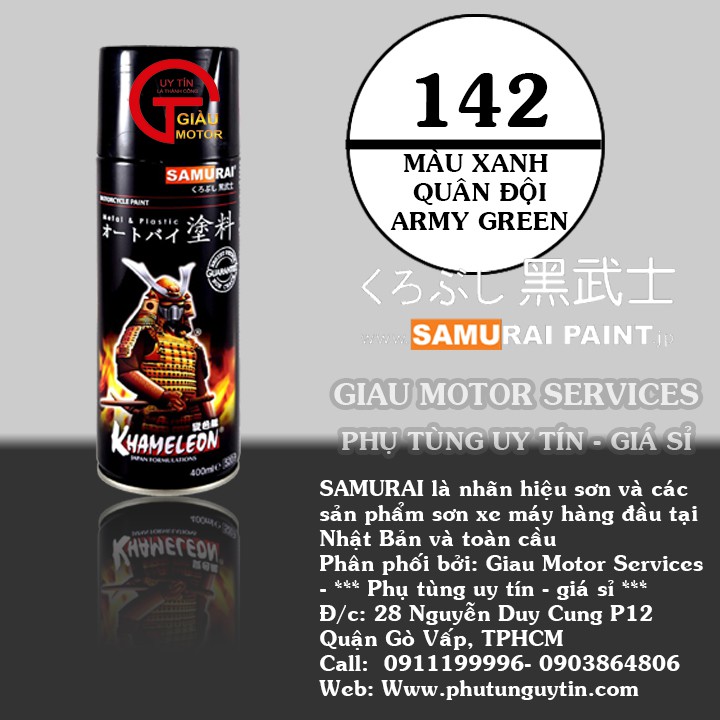 142 _ Chai sơn xịt sơn xe máy Samurai 142 màu xanh quân đội _ Army Green shop uy tín, giao nhanh, giá rẻ