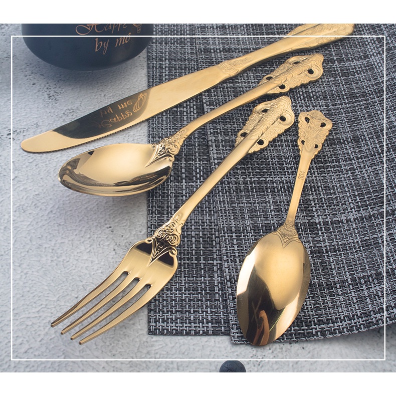 Set 4 thìa, dĩa, dao Inox ăn cơm, cháo, súp, bít tết cán có họa tiết sang trọng