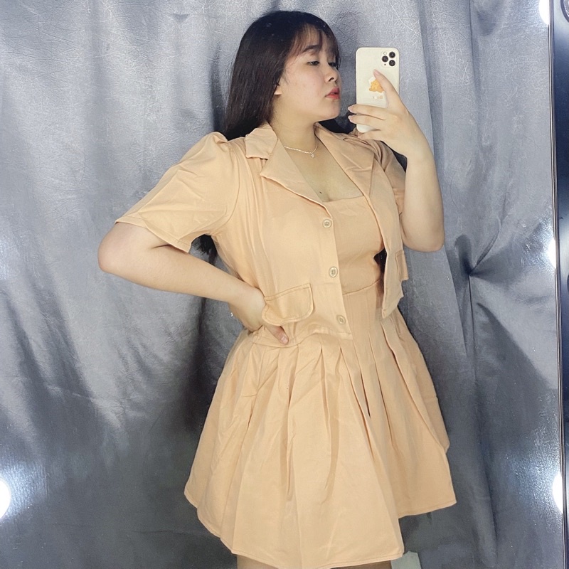Set Áo vest + đầm xếp ly tôn dáng siêu đẹp bigsize 60-90kg