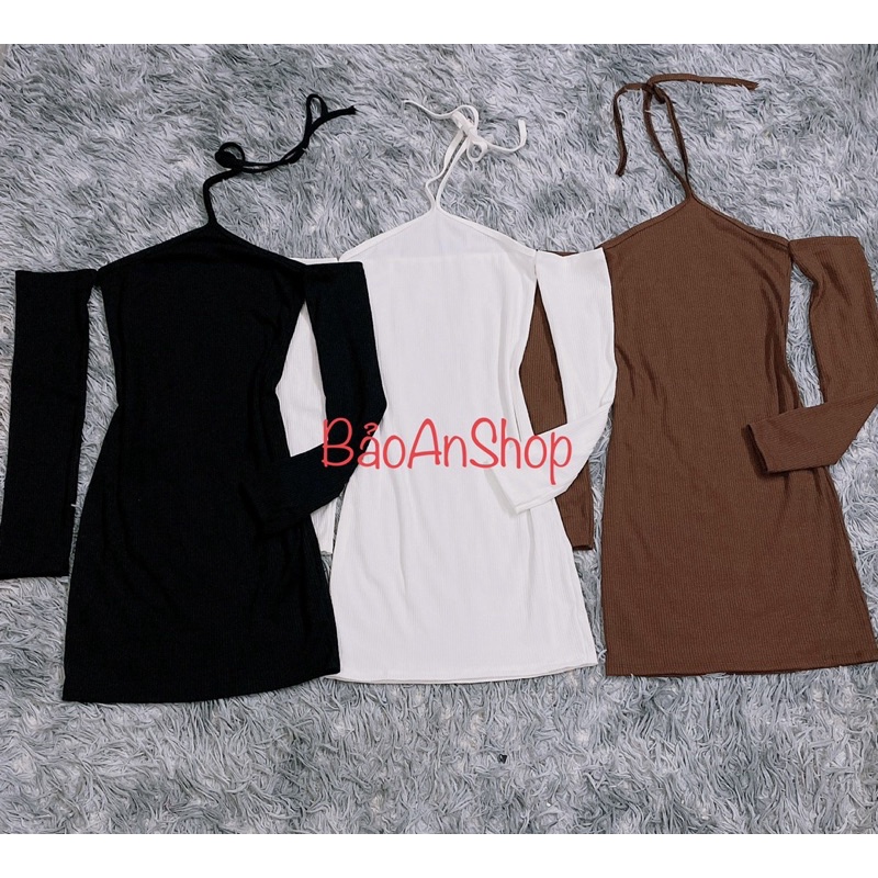 Đầm body gân dây kiểu ôm tay dài trễ vai cổ yếm sexy