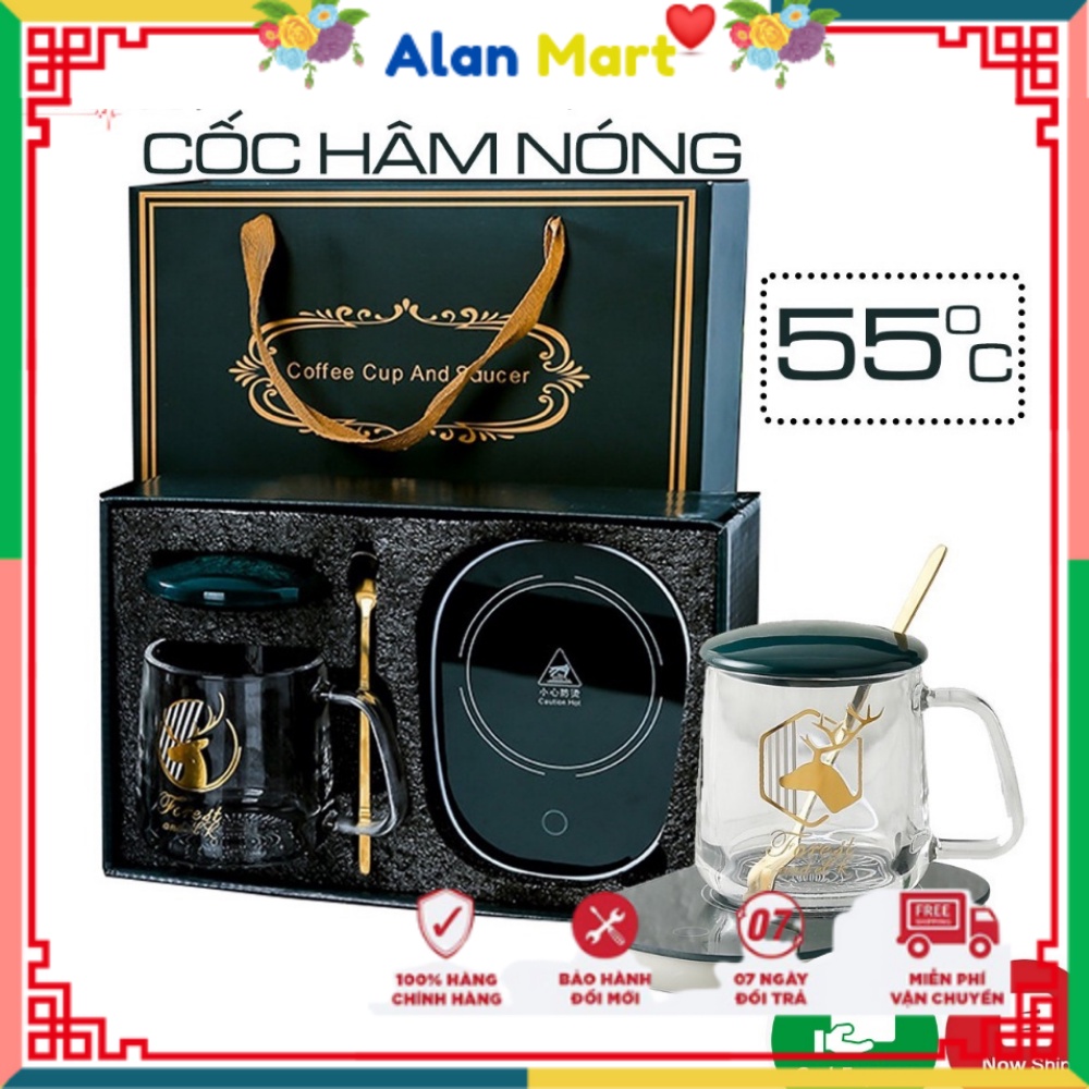 Cốc Hâm Nóng Đồ Uống Bằng Thủy Tinh Hình Huơu,Ly Thủy Tinh cao Cấp Kèm Đế Điện Hâm Nóng Cafe,Sữa,Trà + Tặng Thìa Mạ Vàng