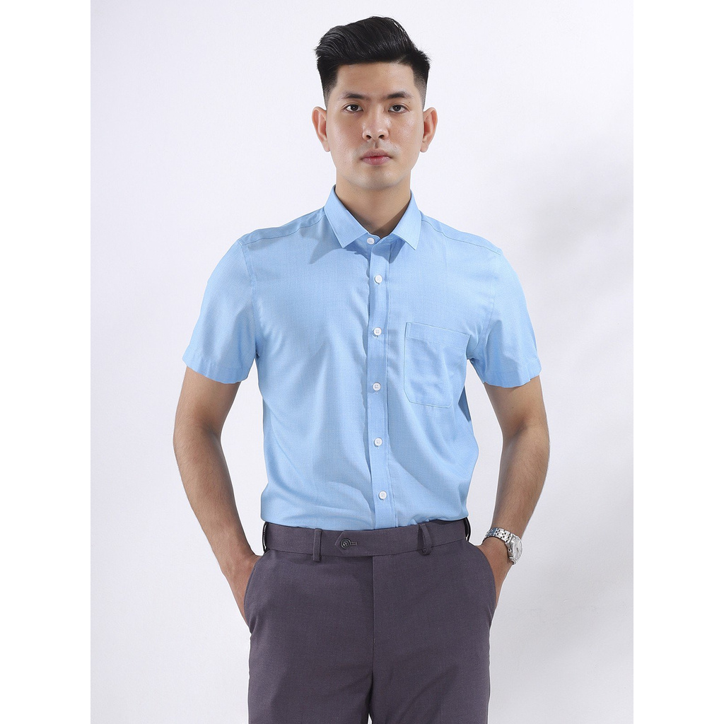 Áo Sơ Mi Nam Tay Ngắn Aristino ASS038S8 Màu Xanh Dệt Vuông Nhỏ Dáng Regular Fit Tà Bằng Vải Sợi Sồi