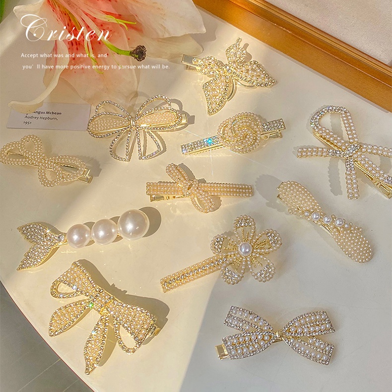 Kẹp tóc 17KM nơ hoa nhiều mẫu khác tùy chọn đính ngọc trai nhân tạo màu vàng xinh xắn dành cho nữ