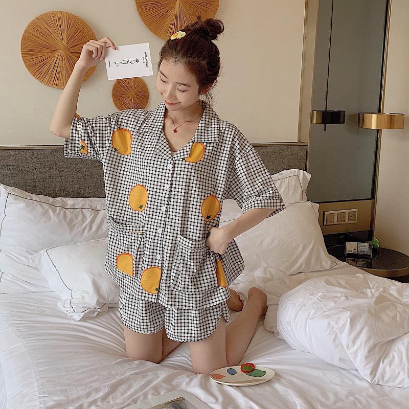 Bộ đồ ngủ sọc ca rô họa tiết hình quả cam ngộ nghĩnh thời trang hàn quốc
