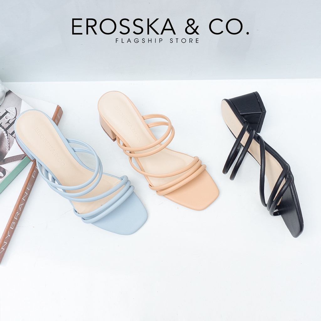 Erosska - Dép cao gót nữ mũi vuông phối dây quai phong cách Hàn Quốc cao 4cm màu xanh - EM086