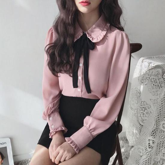 Áo Thời Trang Công Sở Nữ Cổ Kẹp Bèo Thắt Nơ Tay Phồng, Sơ Mi Màu Hồng Basic Quyên Fashion AA400