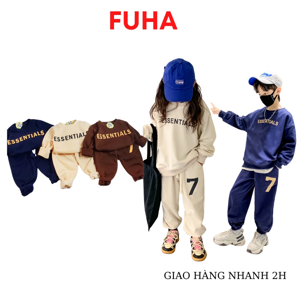 Bộ nỉ lông cho bé FUHA, bộ quần áo thu đông 2022 chữ Hot ESSENTIALS bé trai bé gái 9kg đến 23kg