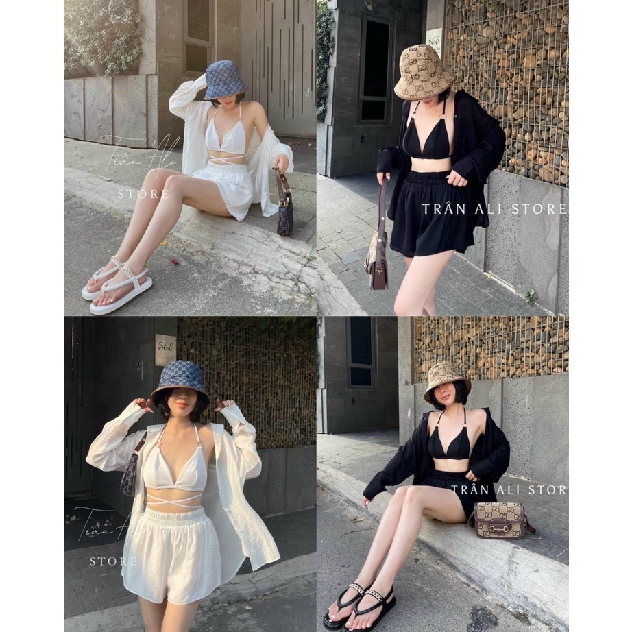 Set 3 món bra dây đen trắng đi biển đũi áo sơ mi form rộng tay dài phối quần đùi