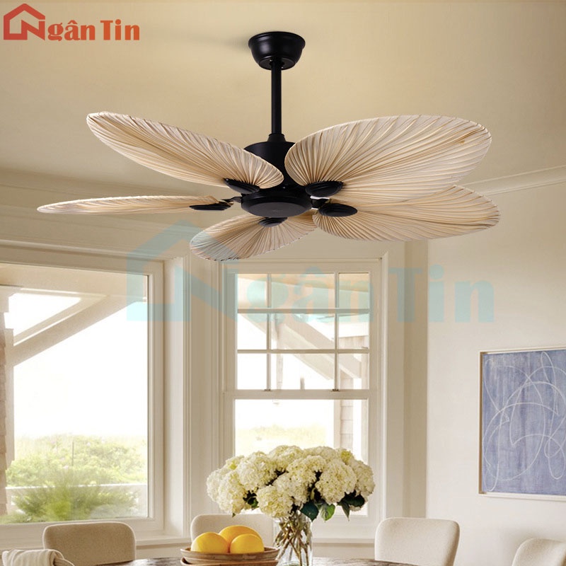 Quạt Trần 5 Cánh Hình Lá Cọ Trang Trí Sảnh Phòng Khách Cao Cấp QT5225 Ngân Tin