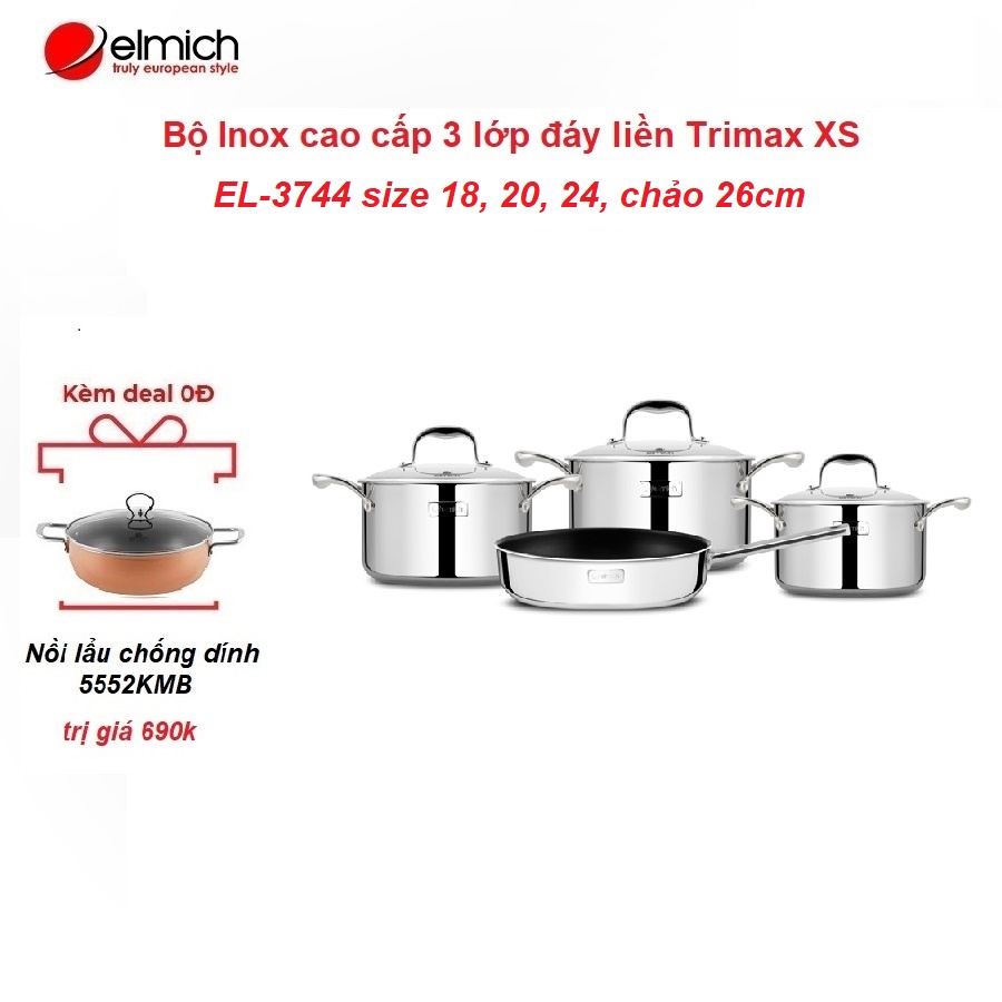 Bộ Inox cao cấp 3 lớp đáy liền Trimax XS EL-3744 size 18, 20, 24, chảo 26cm