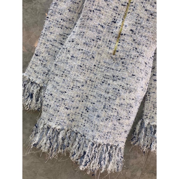 Đầm len nữ dài tay dáng ôm viền tua rua mẫu mới thương hiệu Balmain cao cấp