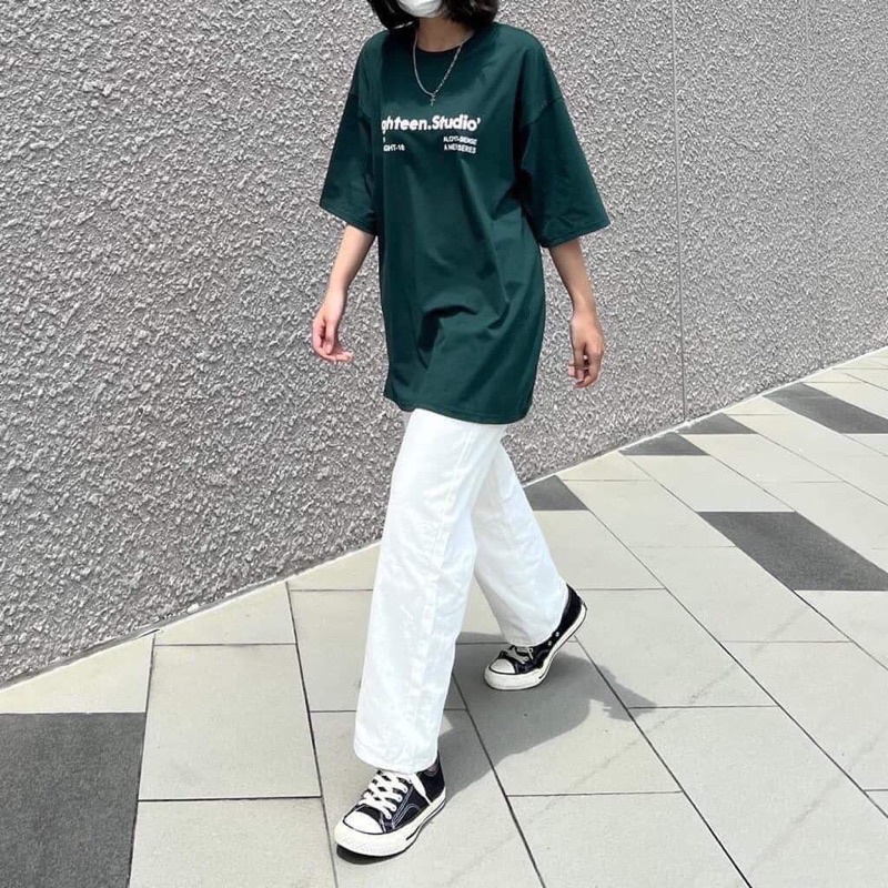 Set Quần Dài Trắng suông Áo Studio 3158 [FREESHIP🌸 Bộ đồ culottes trơn kèm thun form rộng tay lỡ in hình vintage Ulzzang