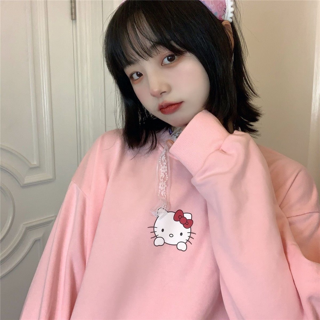 ✪Nhật Bản Hàng Đầu✪Áo Nỉ Dài Tay Cổ Tròn In Hình Mèo kitty Dễ Thương Phong Cách Nhật Bản