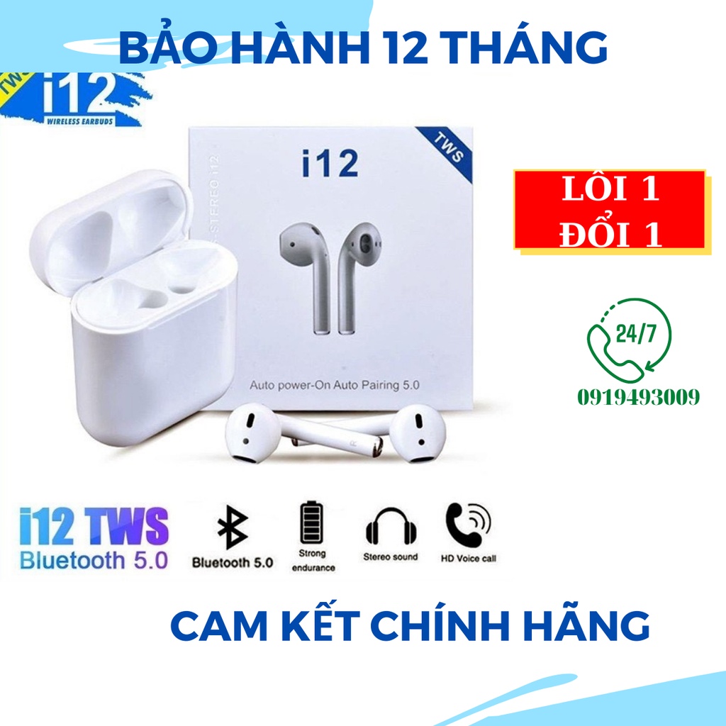 Tai Nghe Bluetooth Không Dây i12 TWS 5.0 kết nối cực nhanh CHÍNH HÃNG BH 1 NĂM