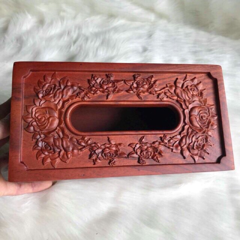 HỘP ĐỰNG KHĂN GIẤY ĂN gỗ hương đỏ tự nhiên hình chữ nhật triện hoa