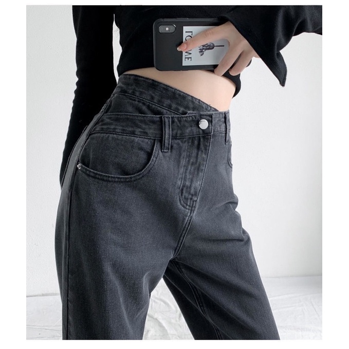 Quần jeans cạp cao vắt chéo thời trang Uzzang Kore siêu tôn dáng 2021