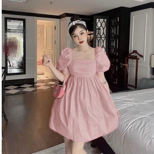 Váy babydoll cổ vuông tay phồng xếp li ngực nơ lưng, váy nữ freesize LP1 | BigBuy360 - bigbuy360.vn