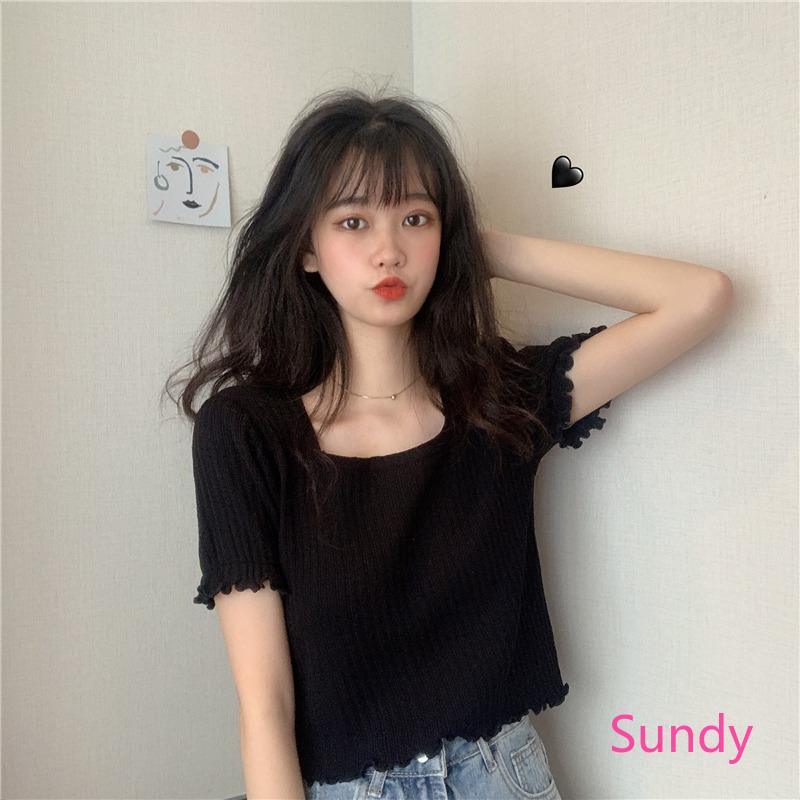 Áo Croptop Ngắn Tay Cổ Vuông Xinh Xắn Theo Phong Cách Hàn Quốc Dành Cho Nữ