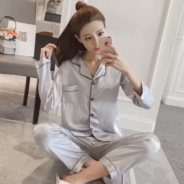 Bộ pijama lụa phi tay dài quần dài hàng VNXK | BigBuy360 - bigbuy360.vn