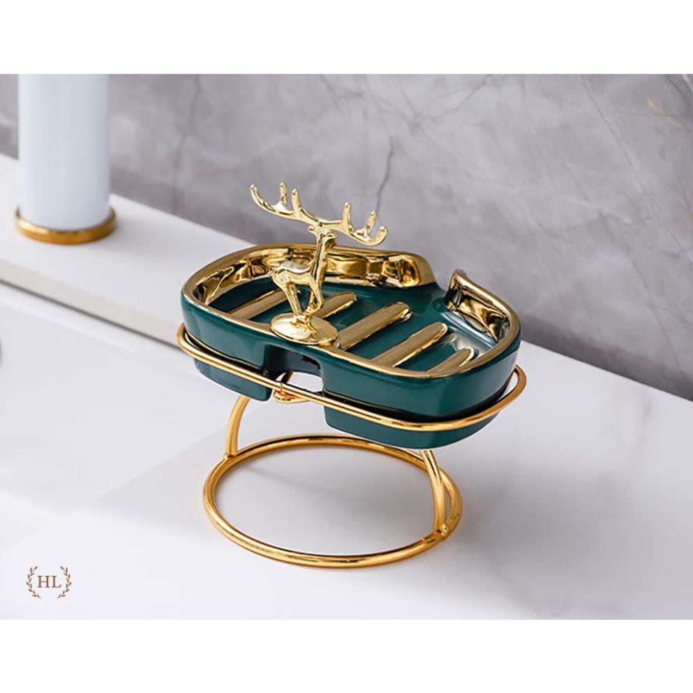 Khay đựng xà bông hình hươu mạ vàng chất liệu sứ kèm kệ Inox vàng gương | KỆ XÀ PHÒNG RỬA TAY SỨ DECOR HÌNH HƯƠU CAO CẤP
