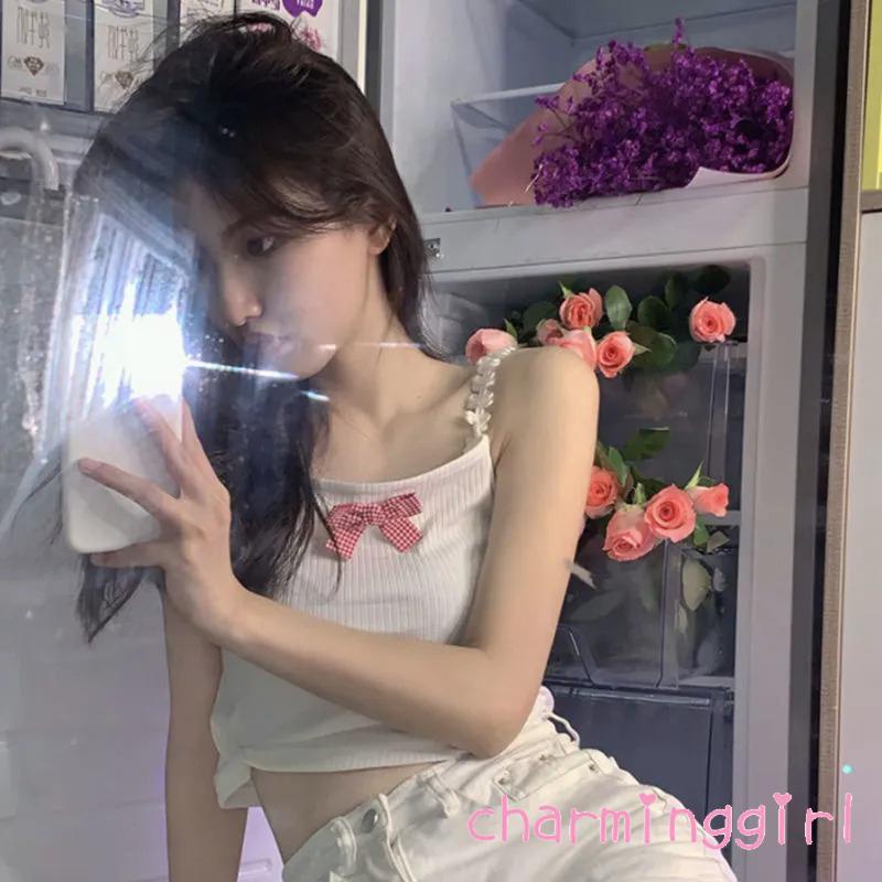 CHM-Ladies´s Vest Plaid Bow Decoration Lace Camisole Knitted Bottoming Shirt Sleeveless Tops