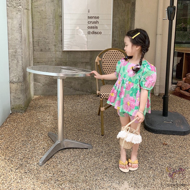 Bộ Áo Tay Phồng In Hoa + Quần Short Đáng Yêu Thời Trang Hàn Quốc Cho Bé Gái