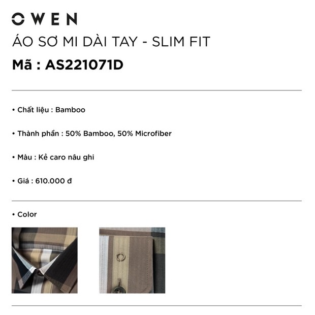 Áo Sơ Mi Nam Dài Tay OWEN AS221071D Somi Công Sở Vải Sợi Tre Cao Cấp Kẻ Caro Nâu Ghi Dáng Slim Fit Tà Lượn Không Túi