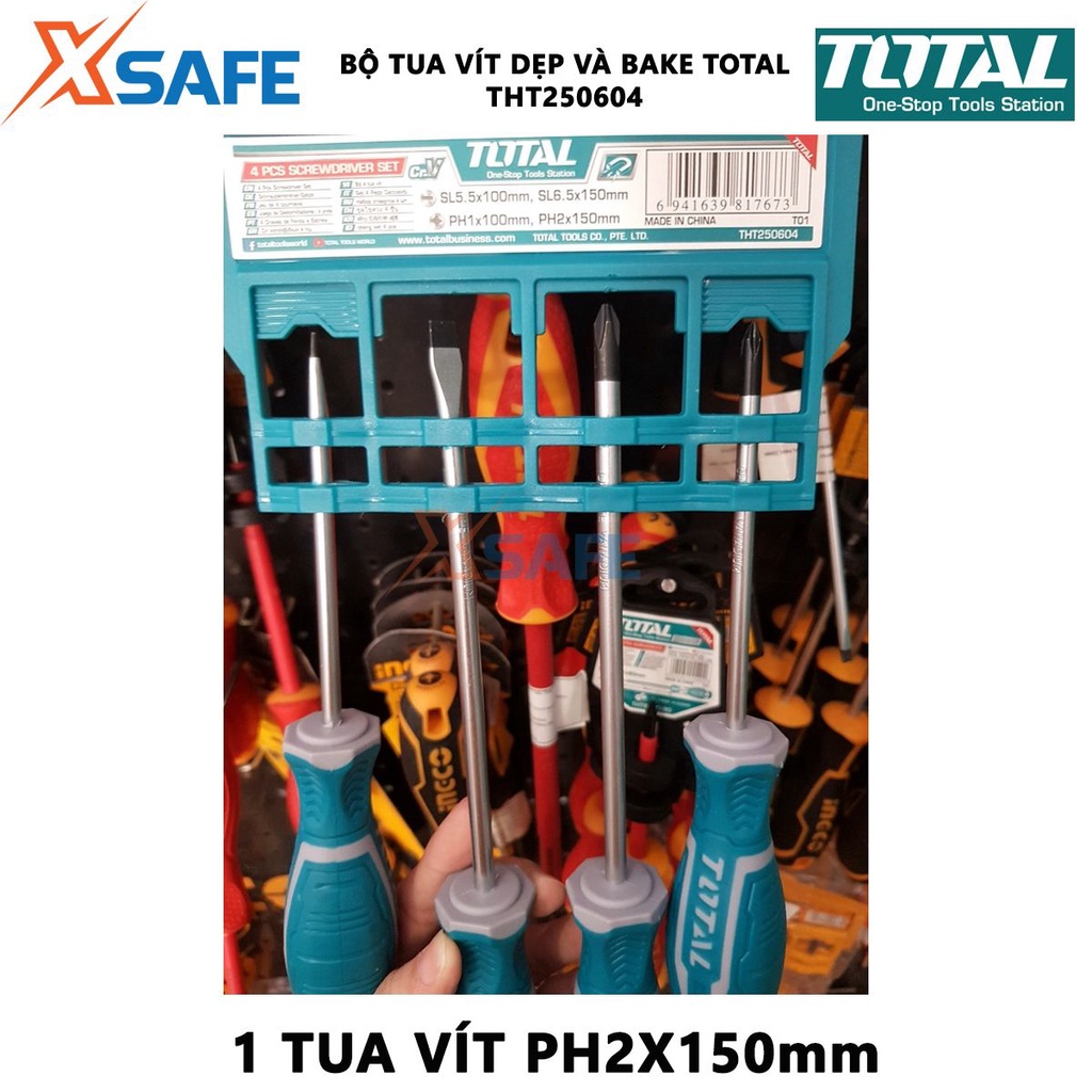 Bộ tuốc nơ vít dẹp và bake 4 chi tiết TOTAL THT250604 | Bộ 4 tua vít tua vít SL5.5X100mm, tua vít SL6.5X150mm