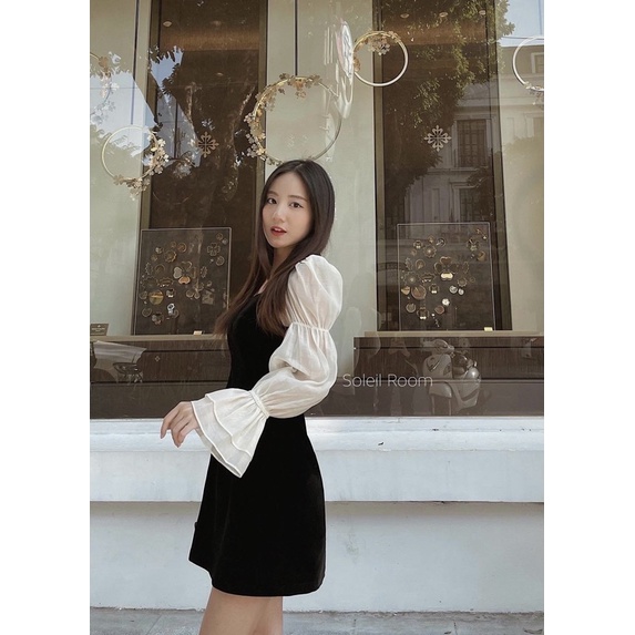 𝐁𝐄𝐒𝐓 𝐒𝐄𝐋𝐋𝐄𝐑-Váy nhung phối tơ cổ xẻ hack eo chống nhăn STELLA DRESS