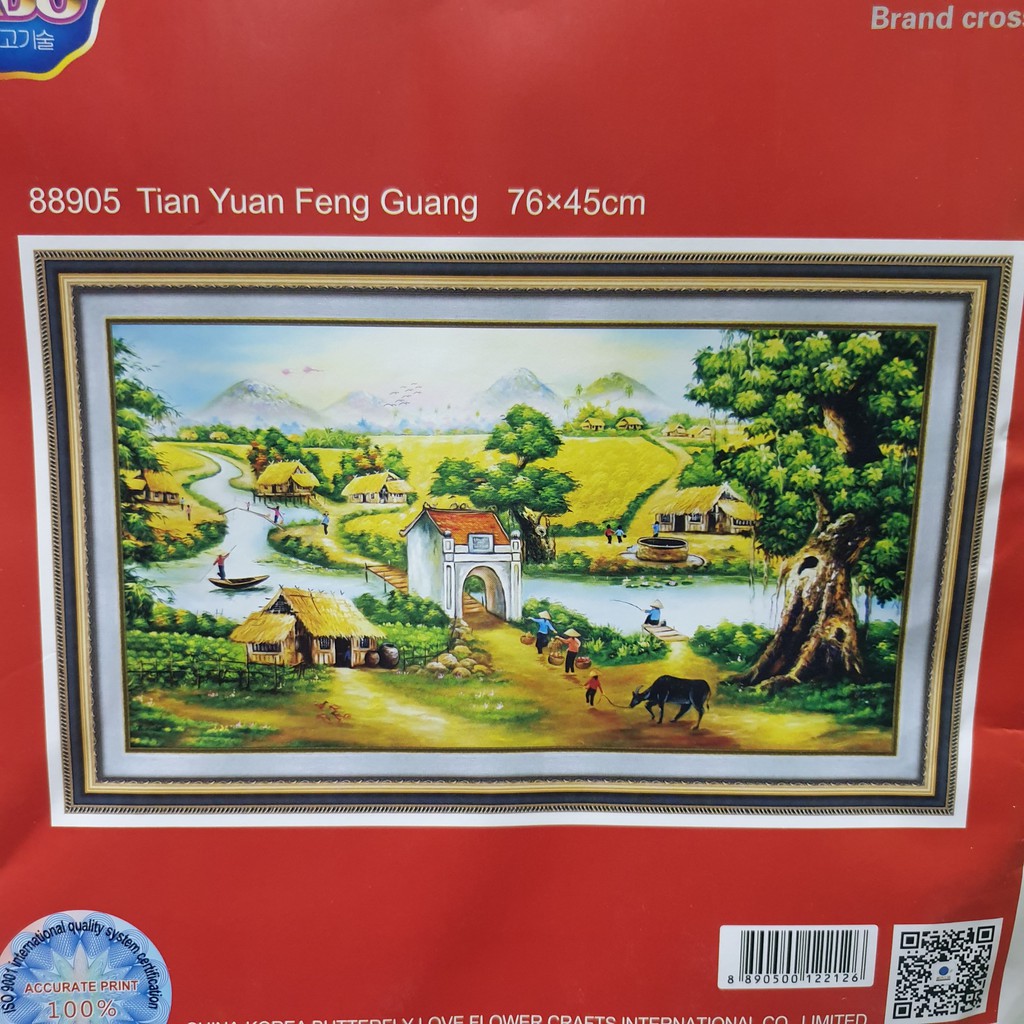 Tranh Thêu Chữ Thập LÀNG QUÊ CÂY ĐA BẾN NƯỚC ĐẦU ĐÌNH. Kích Thước: 76cm x 45cm