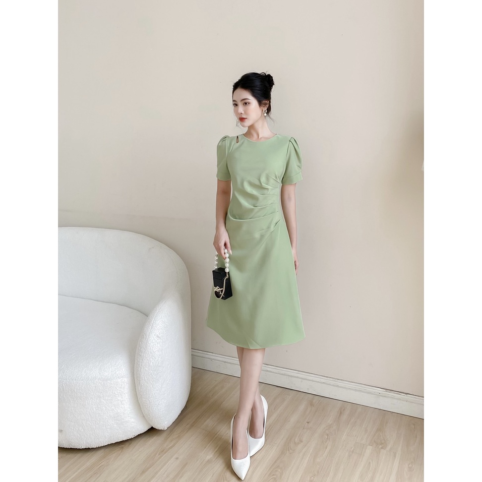 Váy cách điệu eo màu xanh YV01 vải trượt hàn cao cấp YAME