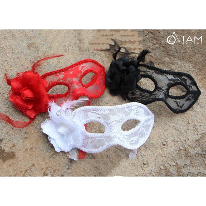 Mặt nạ dạ hội nửa mặt hoa hồng bông to viền ren xuyên thấu HLW-MN-36 TAN