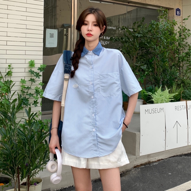 Áo sơ mi polo SUXI dáng rộng tay lửng họa tiết kẻ sọc màu xanh dương đơn giản thời trang mùa hè cho nữ