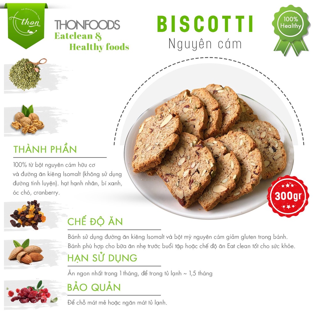 Biscotti Nguyên Cám Cao Cấp Nhiều Hạt - Đường ăn kiêng healthy Isomalt Ít Calo | Thon Foods