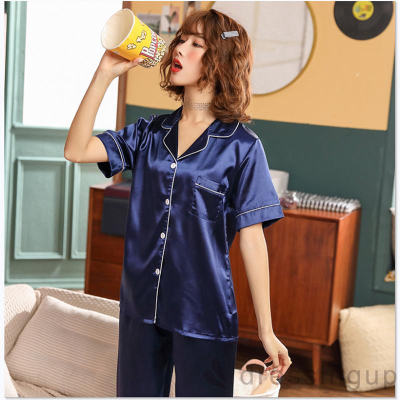 Set Đồ Ngủ Áo Tay Dài + Quần Dài Chất Phi Bóng Cho Nữ