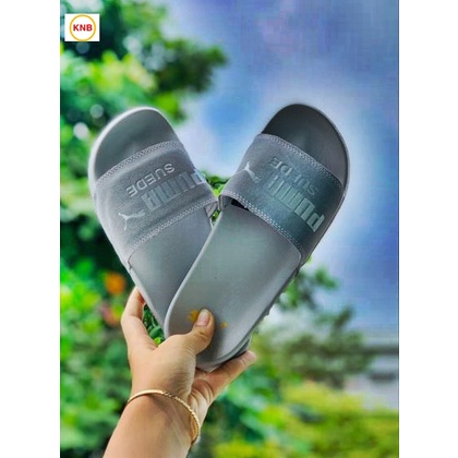Dép 𝐏𝐔𝐌𝐀 ❤️FREESHIP + Hộp❤️ dép unisex 𝐌𝐋𝐁 quai ngang bóng chày thể thao nam nữ in PUMA da lộn, đế IP bền full xám
