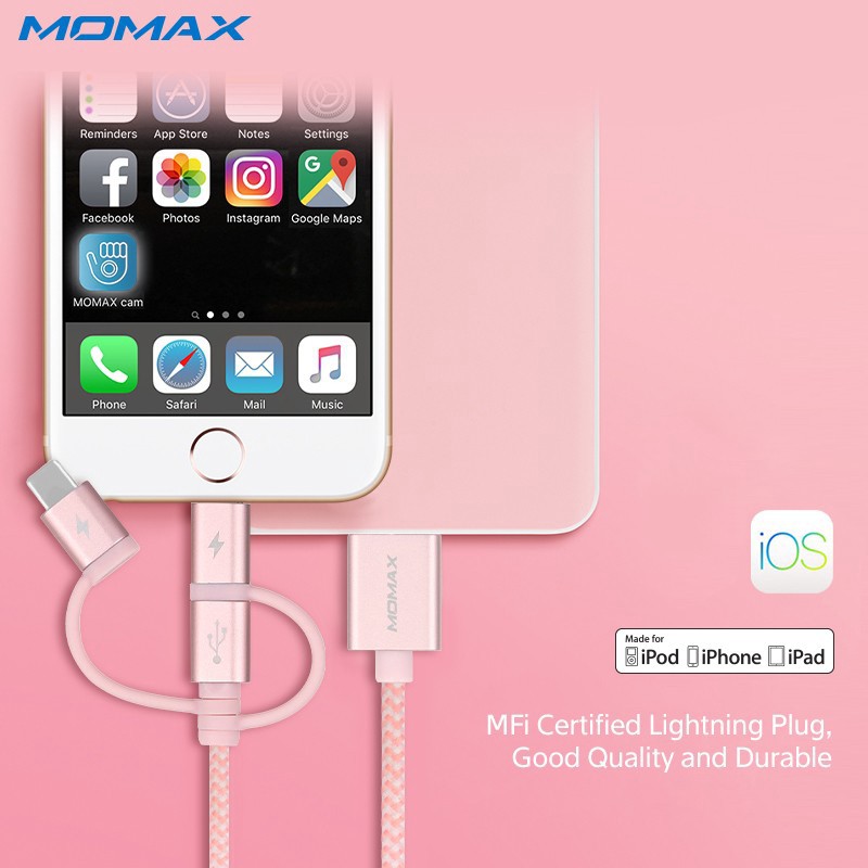 Momax 3 in 1 USB A to Type C Data Lightning USB MFi Cables for iPhone Samsung