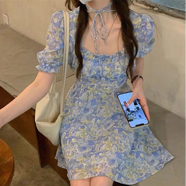 Đầm Perty in hoa tay phồng phong cách Hàn Quốc thời trang hè dành cho nữ