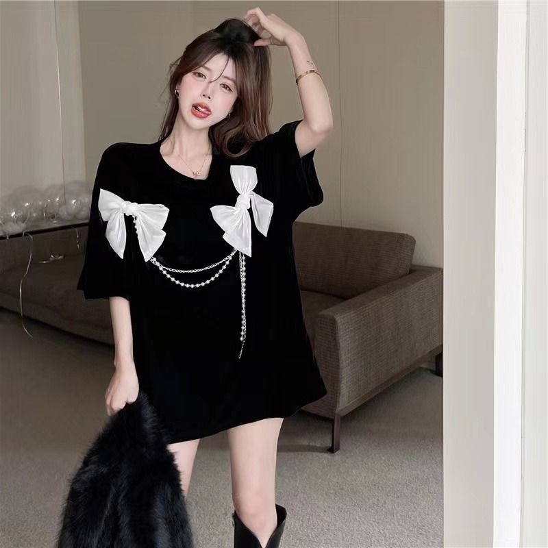 Áo Thun Tay Ngắn Dáng Rộng Mùa Hè Thiết Kế Thắt Nơ Dây Xích Phong Cách Hàn Quốc Mới Cho Nữ