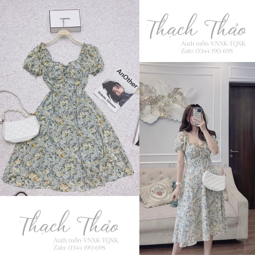 váy bèo hoa xanh nơ cúp ngực hai lớp dáng xòe vintage