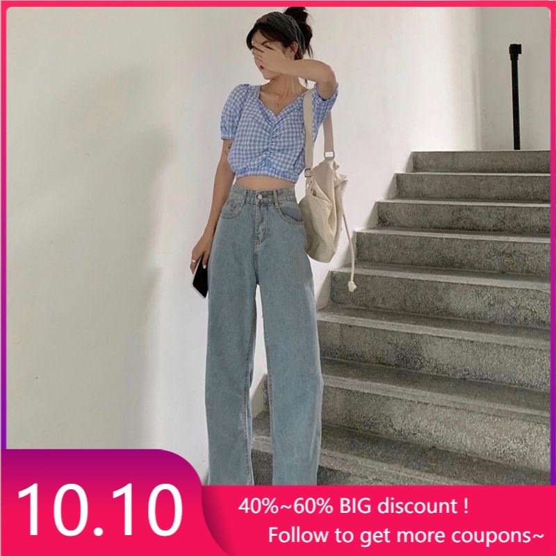 Quần jean lưng cao ống rộng phong cách retro cho nữ