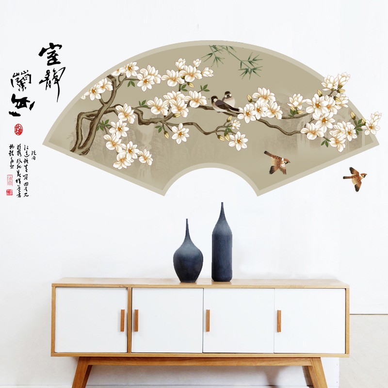 Tranh dán tường sáng tạo hình quạt phong cách Trung Hoa, Decal trang trí phòng khách