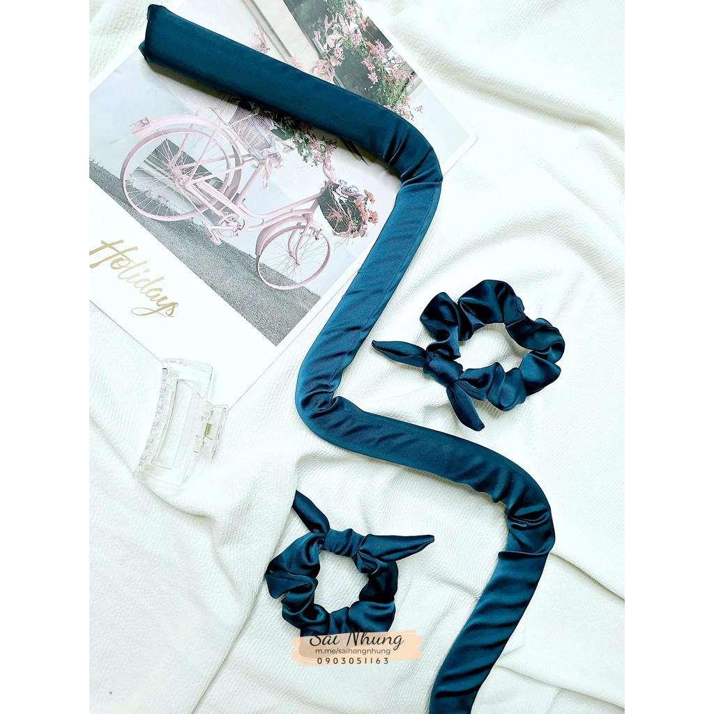 Thanh Cuốn Tóc Xoăn Lụa Cao Cấp Không Dùng Nhiệt (1 Thanh Cuốn Lõi Kẽm+ 2 Dây Cột Tóc+1 Kẹp Tóc)