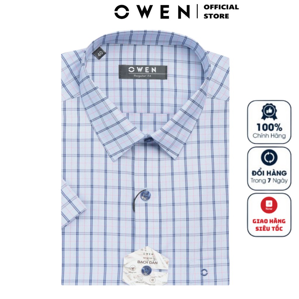 Áo Sơ Mi Nam Tay Ngắn Owen AR22699NT Kiểu Dáng Regular Fit Nâu Sợi Bạch Đàn Màu Kẻ Caro Xanh hồng