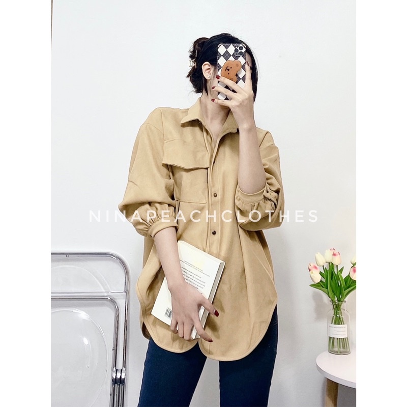 Áo sơ mi tay bồng oversize túi trước kèm ảnh tự chụp