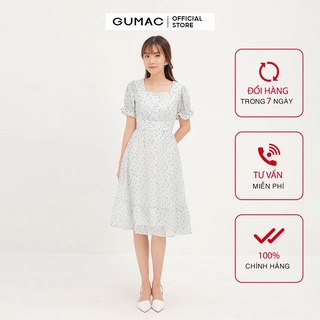 Đầm hoa nữ GUMAC, dáng xòe tay ngắn, phong cách vintage màu xanh DA1211