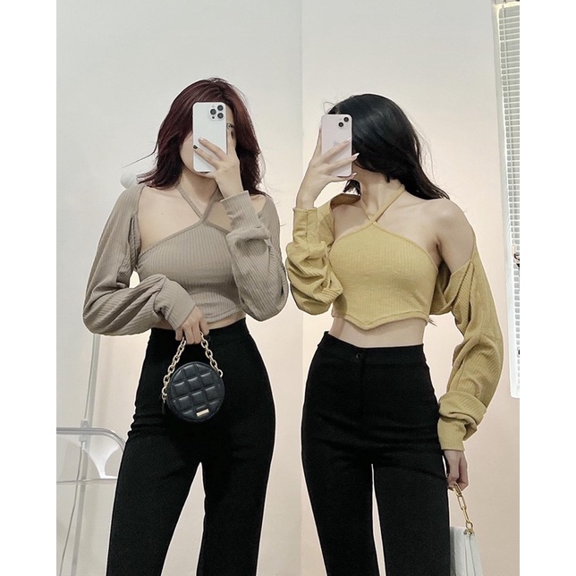 Sét Áo Yếm Croptop Kèm Khoác Tay Bồng SofmWear