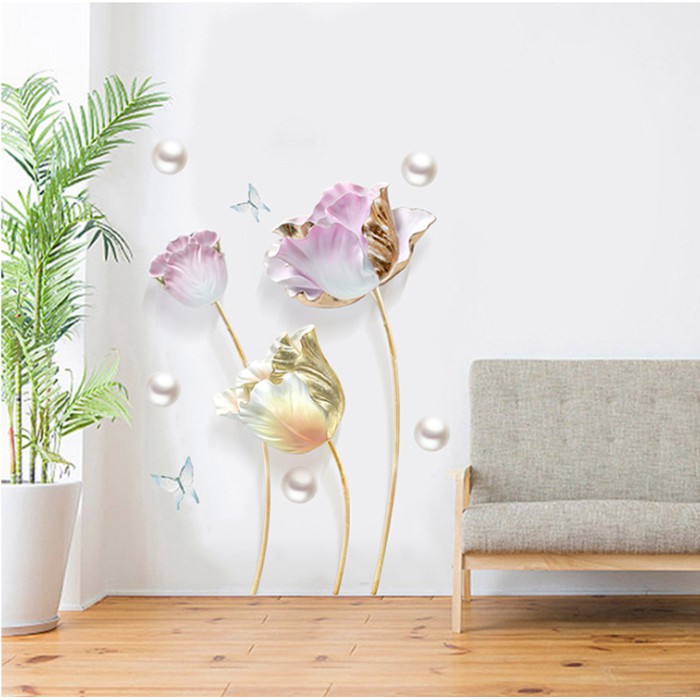 Decal dán tường trang trí - BÔNG HỒNG VÀNG BƯỚM HIỆN ĐẠI THANH TAO